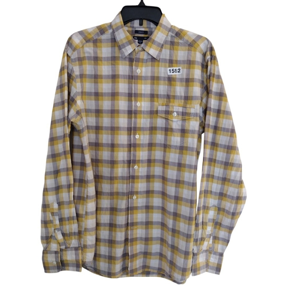 Gap Button Up Shirt Men's M Yellow Gray Plaid Oversized Classic Fit